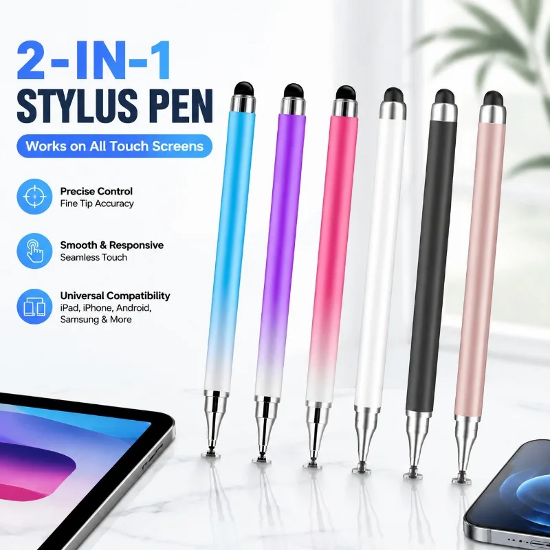 2-in-1 Stylus Pen for iPad iPhone Android Samsung Tablets, Fine Tip Capacitive Touch Screen Stylus for All Touch Screens