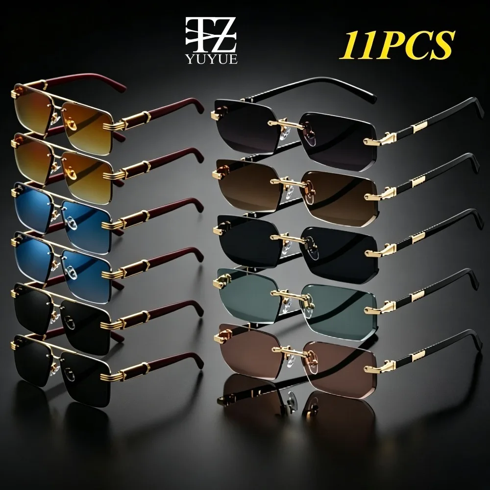 11PCS Two Sets of Combination Light Luxury Frameless Metal Sunglasses Set 5 Pairs of Thin Gold Edge Trimmed Sunglasses + 6 Pairs of Double Beam Solid Wood Legs Gradual Change Glasses Men and Women Business Driving Outdoor UV Protection, Random Color