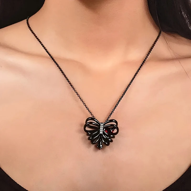 Gothic Black Heart Pendant Necklace with 10mm Red Cubic Zirconia - Vintage Style Copper Fashion Jewelry for Women, Perfect for V