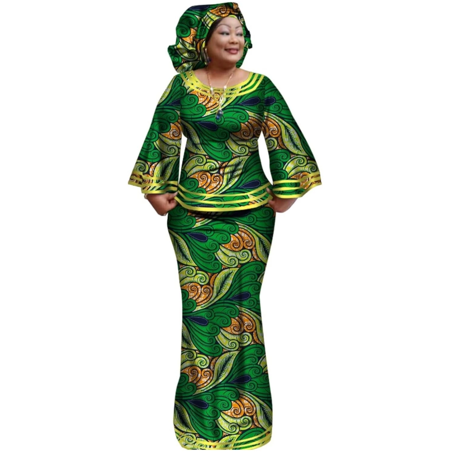 African Clothes for Women Ankara Print Long Sleeve Top and Skirt 2 Pieces Set with African Headwrap Lady Dashiki Clothing WY2372