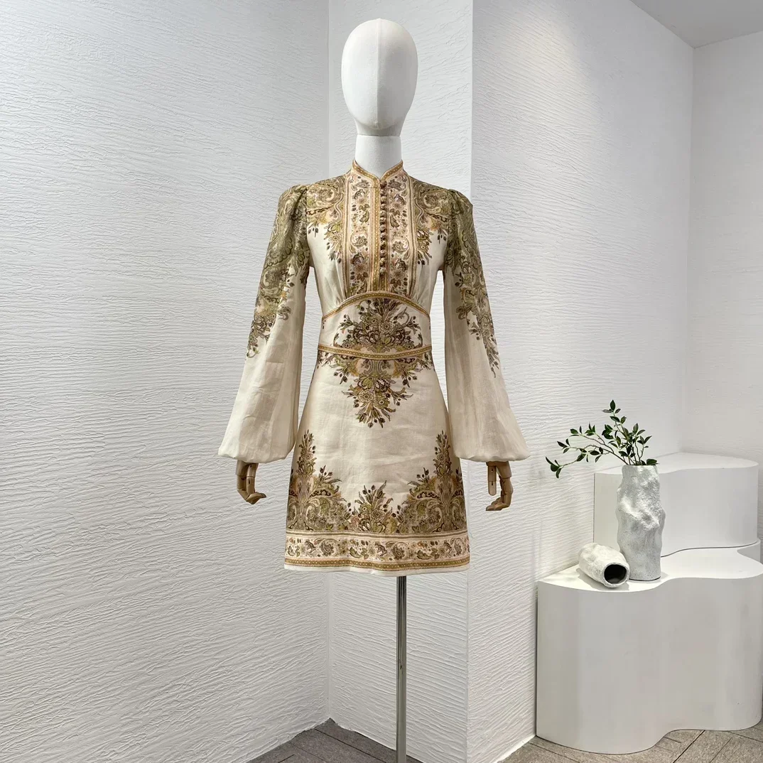 

Женское льняное мини-платье с принтом пейсли, платье цвета хаки с длинными рукавами-фонариками и стандартным воротником, новинка 2024