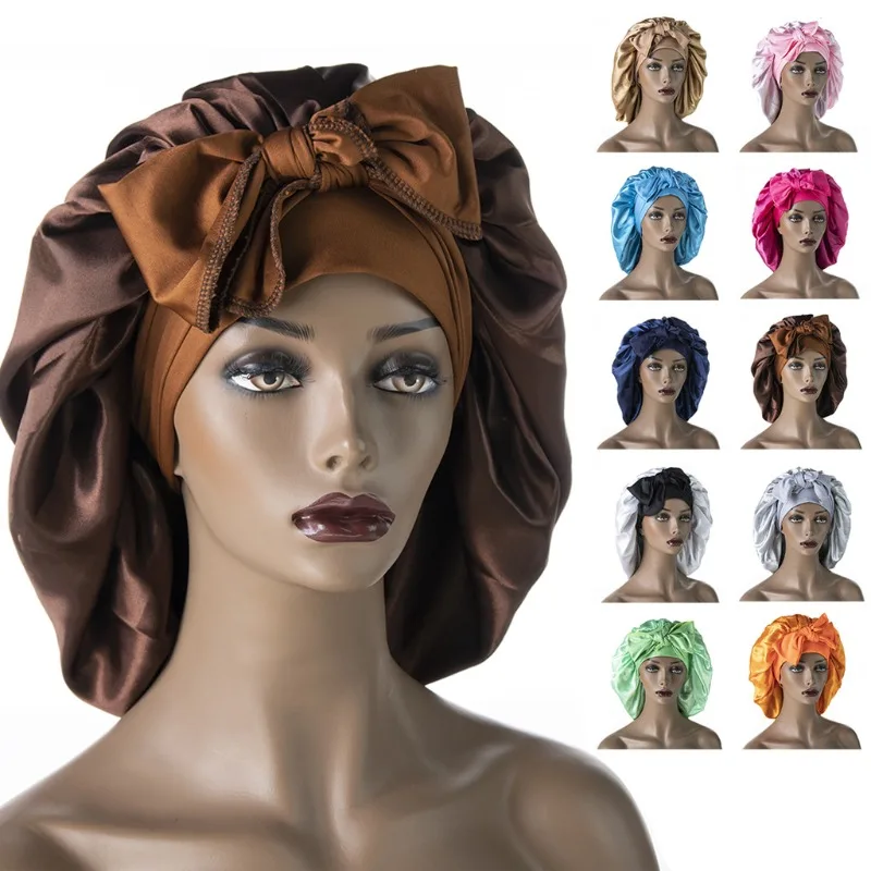 New satin nightcap wide stretch long tail extra-large shower cap ladies ribbon round hat hair bonnet