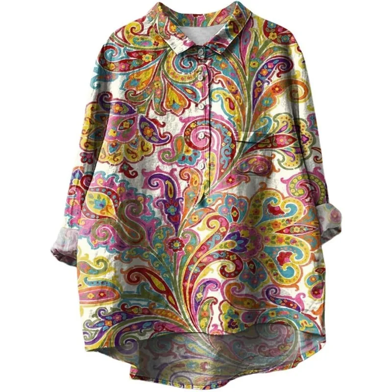 

Women's Blue Loose Long Sleeve Shirt with Cute Colorful Cat Print Casual Comfortable Button Down Blouse