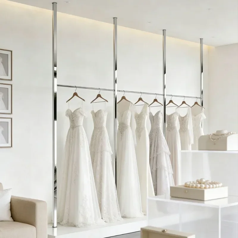 Stainless Steel Wedding Dress Display Rack Floor Standing Clothes Hanger Rod Studio Gown Hanging Shelf for Xiuhe Suit