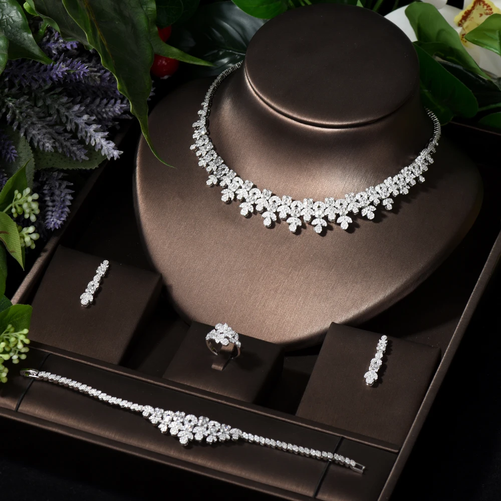 

HIBRIDE New Wedding Costume Accessories Cubic Zircon Crystal Bridal Women Earring and Necklace Jewelry Sets Bijoux femme S-014