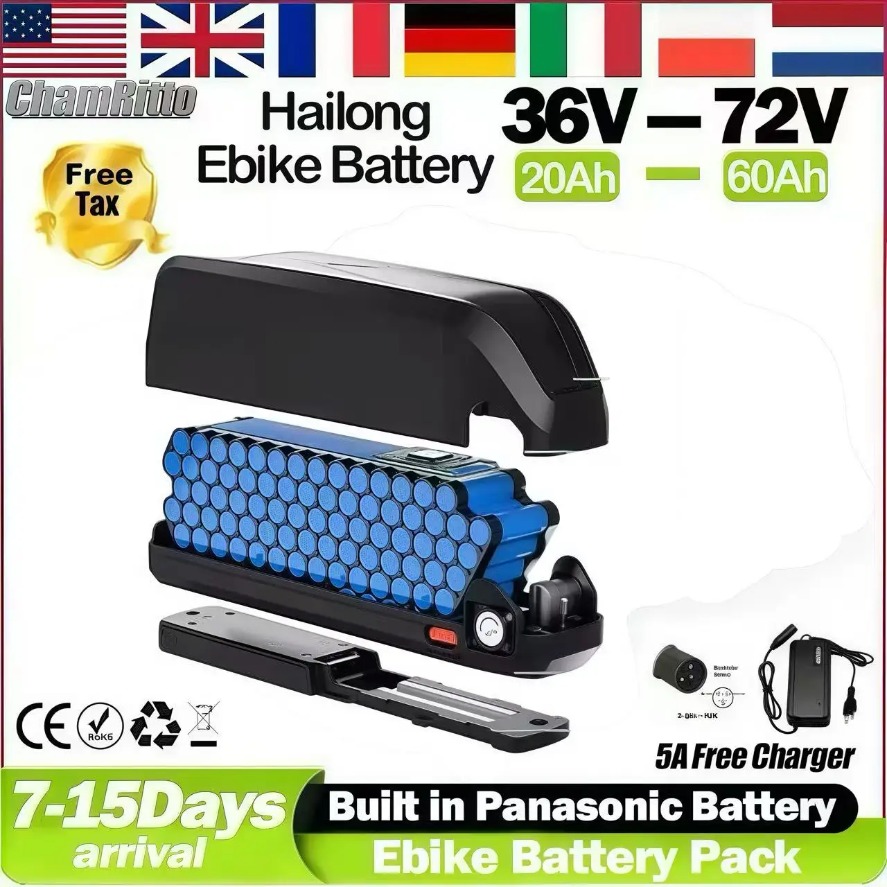 

48 В E Bike Hailong Akku 50ah Литиевая батарея 52 В Электрический велосипед Ncr18650b 72 В 60 В 36 В Ebike 2000 Вт Двигатель 30ah 50ah 13s5p Battey