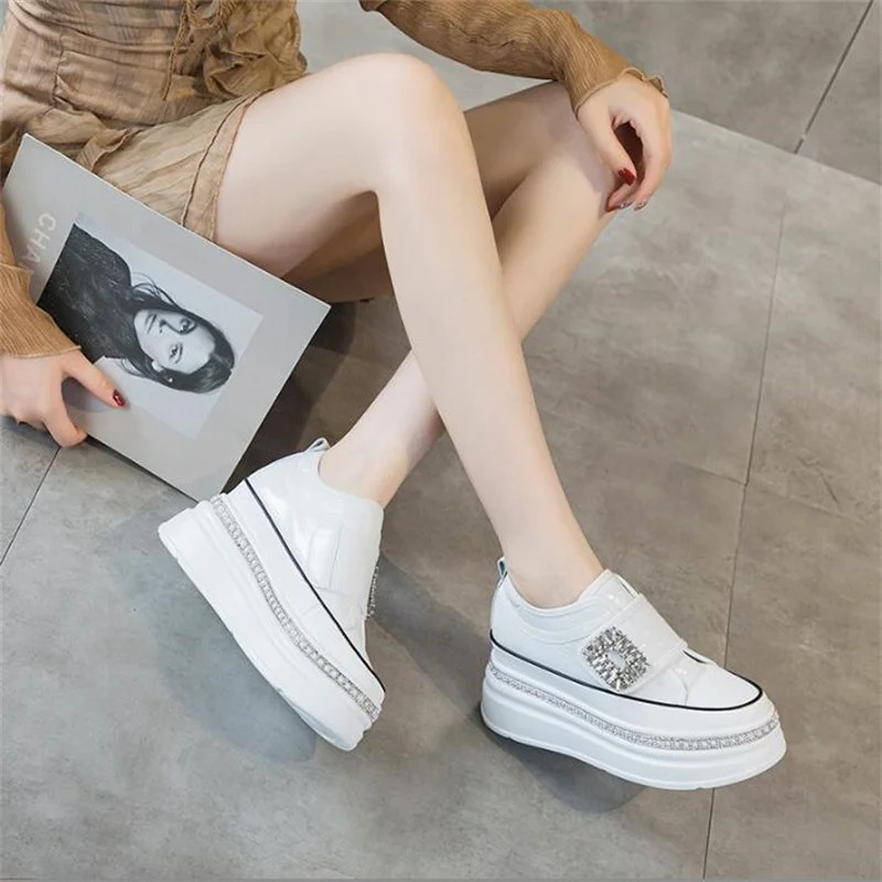 8cm Women Genuine Leather Sneakers Platform Pumps White Black Wedge Hidden Heel Hook Spring Autumn Bling Shoe Winter Ankle Boots