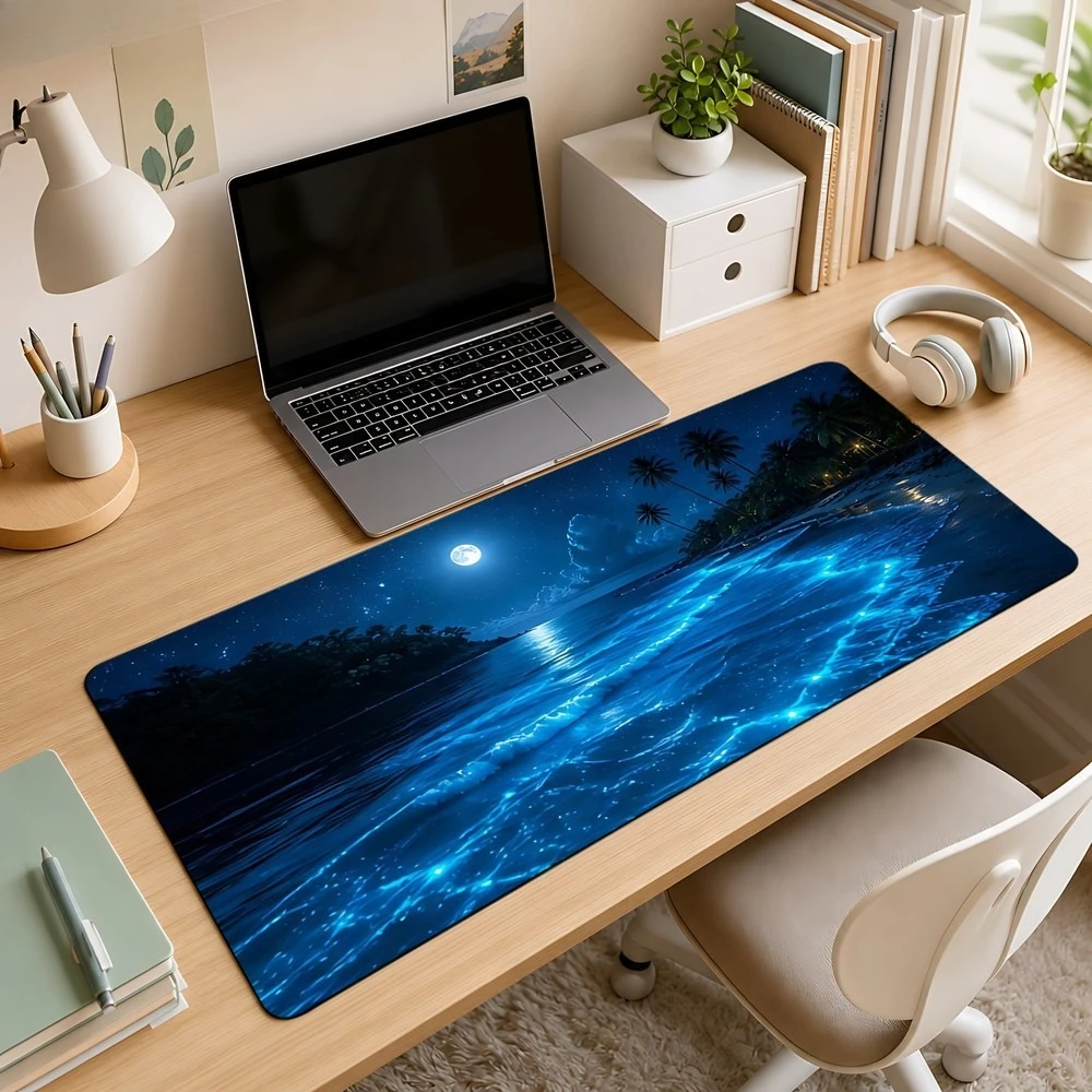Blue Coast Moonlight Starry Sky Wave Pattern Mouse Pad, non-slip, suitable for computer desk, desktop decoration accessories
