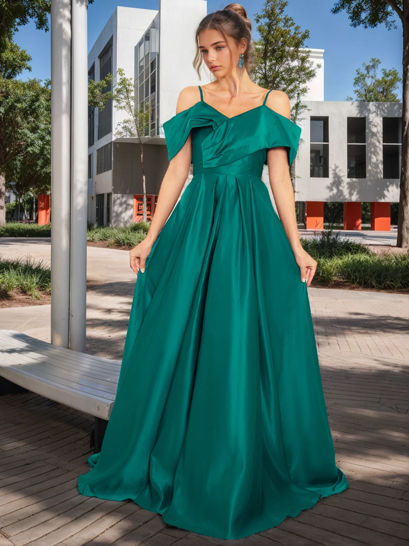 

Off The SHoulder Slash Neck A Line Women Dress Green Satin Spaghetti Strap Floor Length Graduation Party Formal Dresses 2025