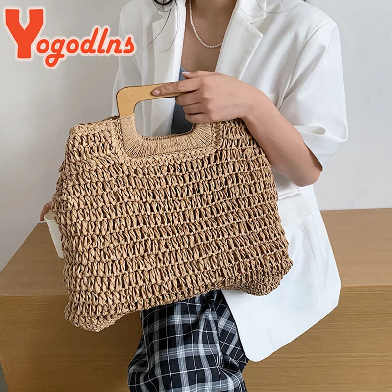 Yogodlns Casual Large Capacity Straw Beach Bag Wooden Handle Handbag Women Handmade Woven Bag Lady Casual Purses Summer Balii