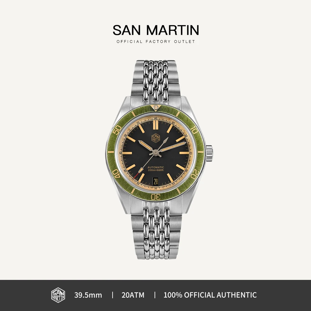 

San Martin 39.5mm Dive Watch Vintage Distressed Effect NH35 Men Automatic Mechanical Watches Waterproof 200m Lume SN0116 Reloj