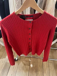 New Red Twist Flower Knitted Cardigan Women O-neck Single-breasted Cotton Slim Sweater Coats Vintage Solid Simple Slim Crop Top