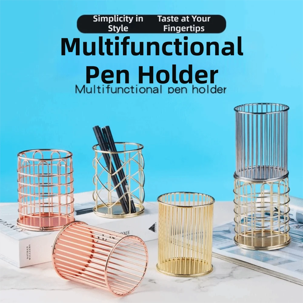 Metal Material Pen Holder Hollow Out Design Rose Gold Pencil Organizer Sturdy Construction Cylindrical Shape Desktop Organizer