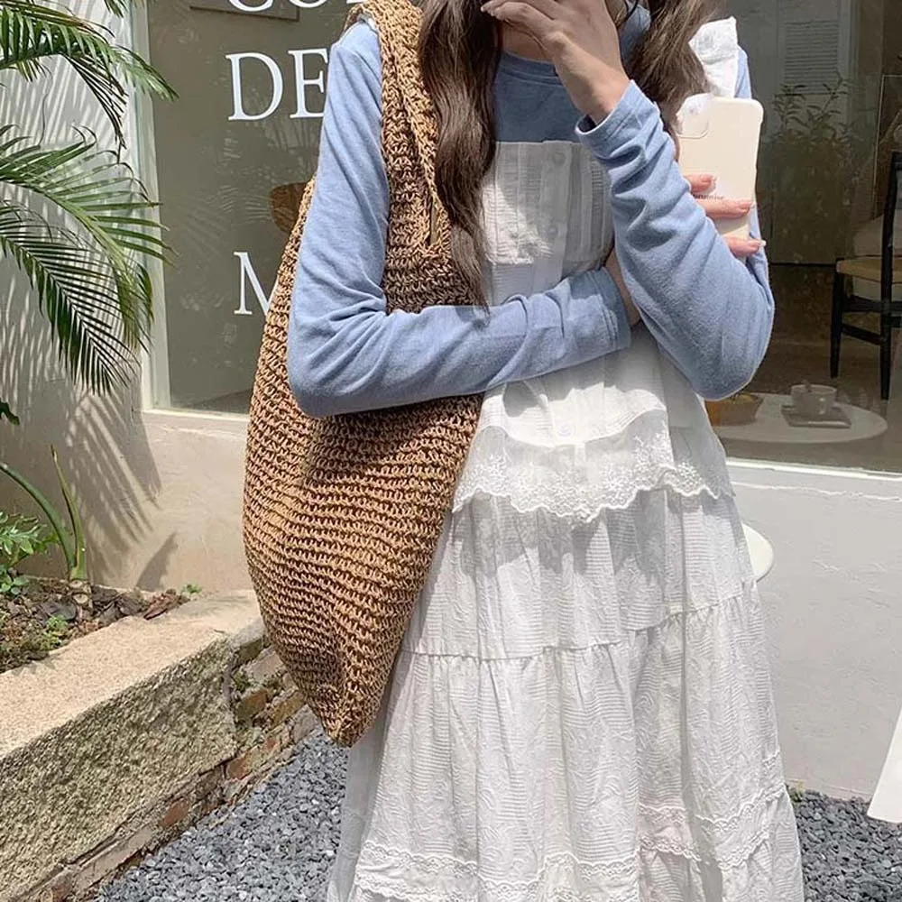 

Shoulder Bag Sweet Woven Tote Bag Breathable Hollow Out Shopping Straw Bag Khaki Polyester Summer Beach Handbag Spring