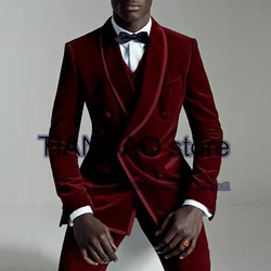 Burgundy Velvet Men's Suit 2 Piece Double Breasted Jacket Wedding Groom Tuxedo Formal Blazer Pants Set terno masculino