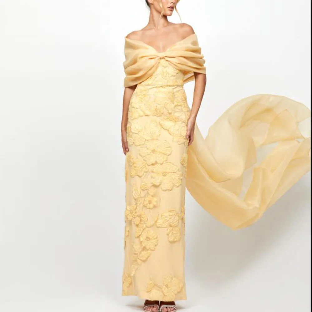 

Вечернее платье с закрученными плечами по индивидуальному заказу, 2025 г., прямое кружевное платье с цветочным принтом для торжественных случаев, длинное платье с разрезом сзади и накидкой