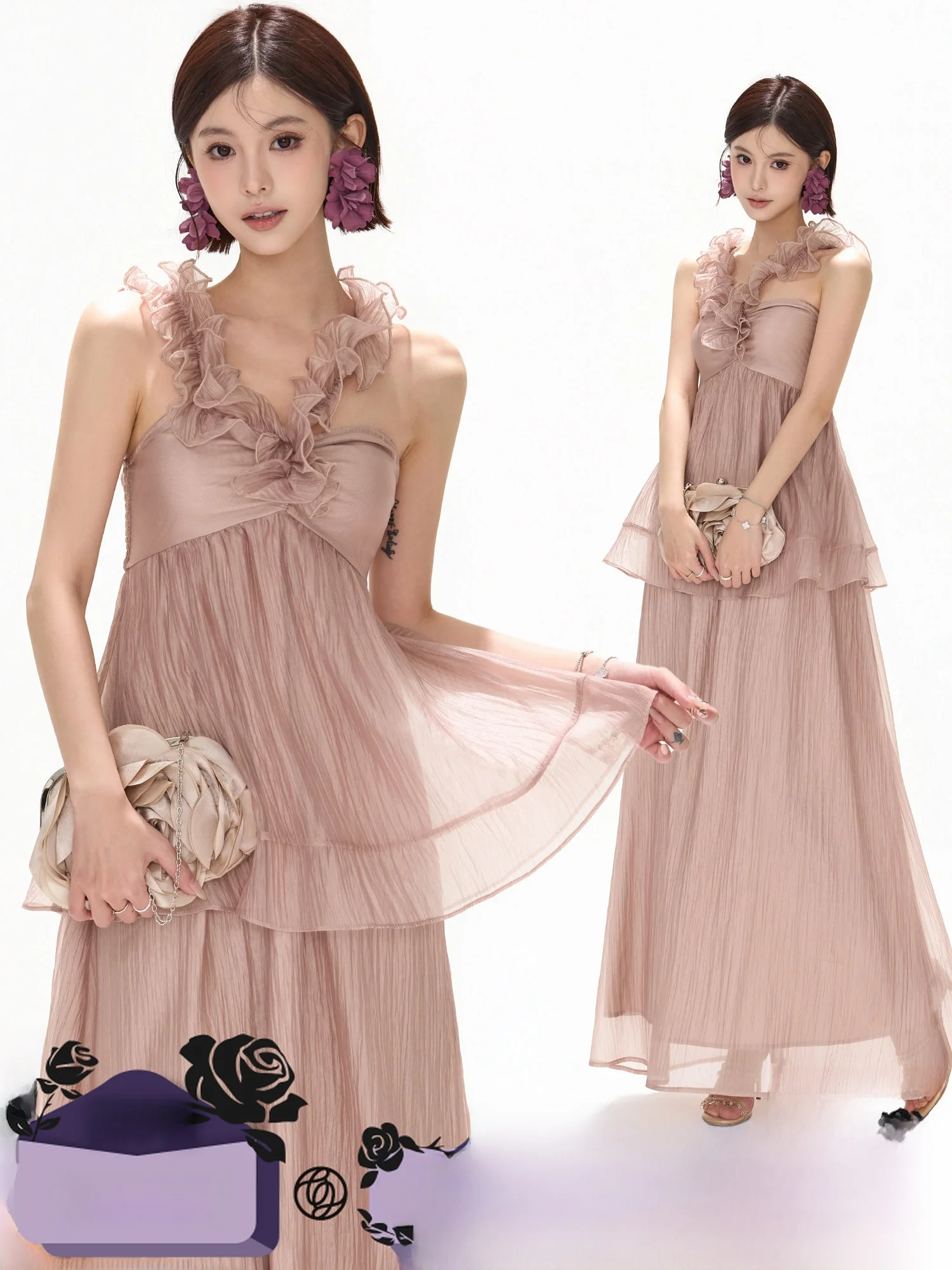 

CYNR Original Design Vacation Style Gathered Neckline Sleeveless Chiffon Dress Fairy Skirt Long Dress for Casual Outdoor Beac...