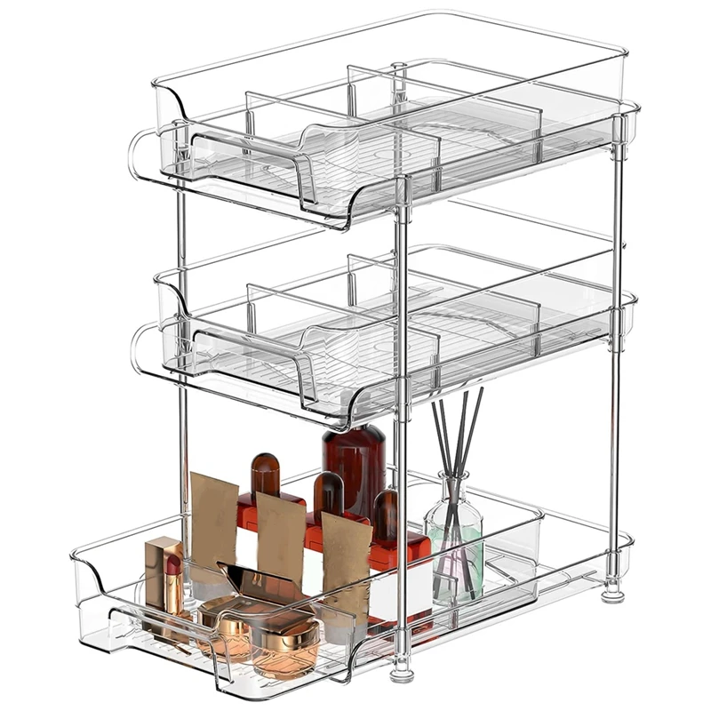 

Tier Clear Pull Out Organizer With 3Pcs Storage Bins, Multi-Purpose Slide-Out Storage Container, Bathroom Kitchen Easy Install