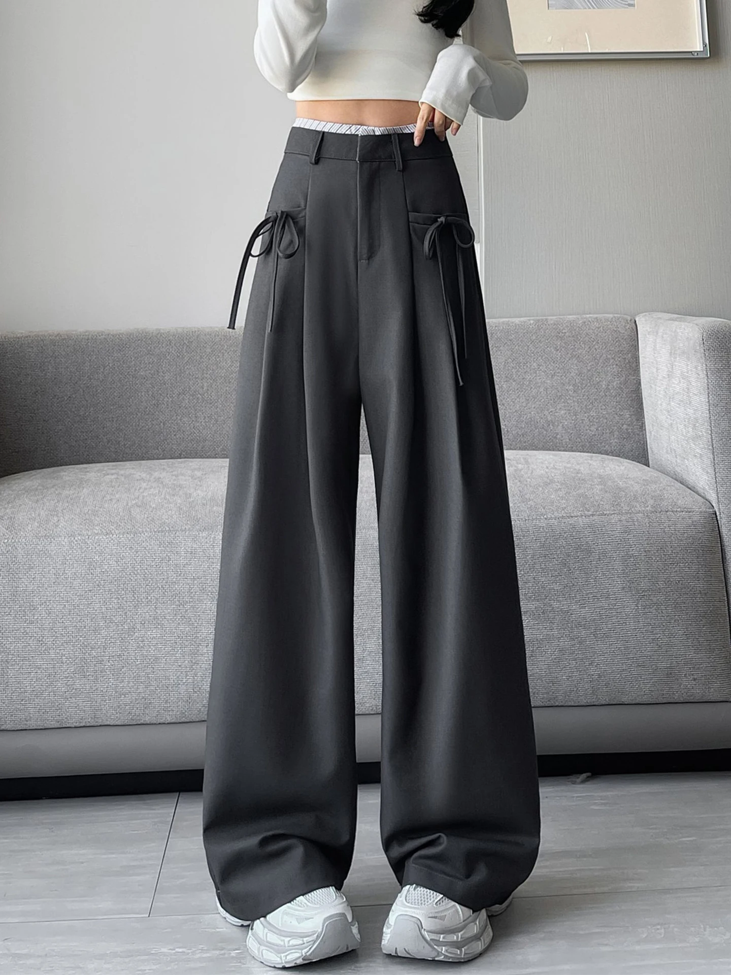 

Женские брюки Ele с высокой талией, прямые, широкие, весна-лето, новый дизайн, корейский стиль, костюмные брюки с завязками