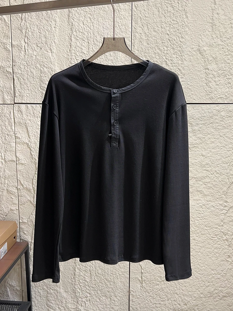 

Heavyweight Henry Collar Long Sleeve T-Shirt Men's American Casual Color Versatile Base Layer Shirt Spring Season