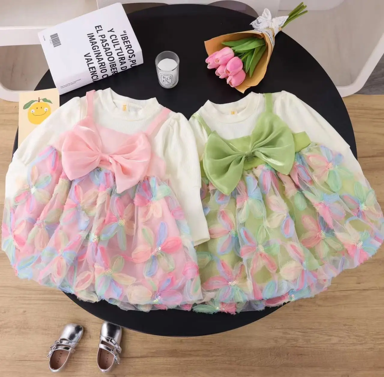 Spring and Autumn New Girls\' Dress Bow Flowers Hand-painted Wind A-line Dress Crew-neck Fake Two Pieces