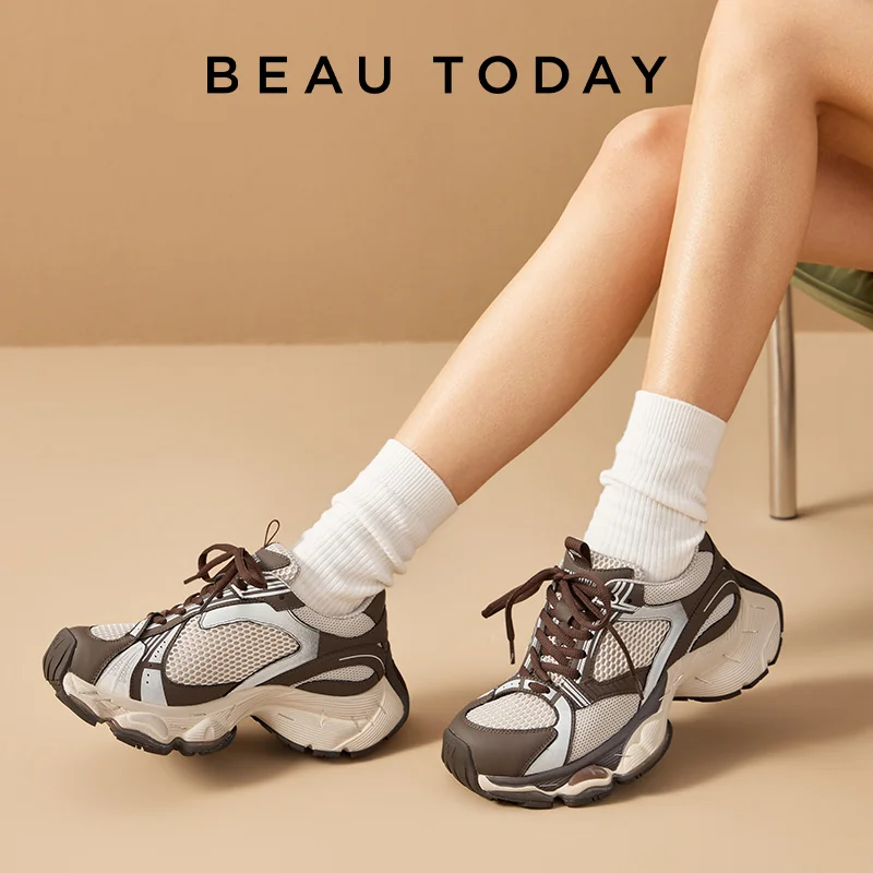 BEAUTODAY Chunky Sneakers Women Split Leather Mesh Round Toe Lace-up Thick Sole Basket Female Casual Shoes Handmade 29A40