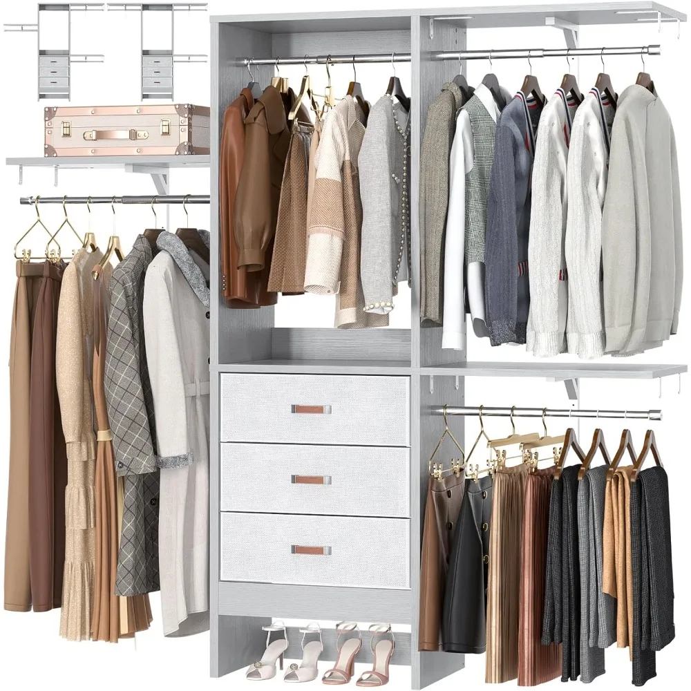 

5FT Small Closet System with 3 Fabric Drawers, 60 Inches Walk In Closet Organizer System With 3 Adjustable Shelves