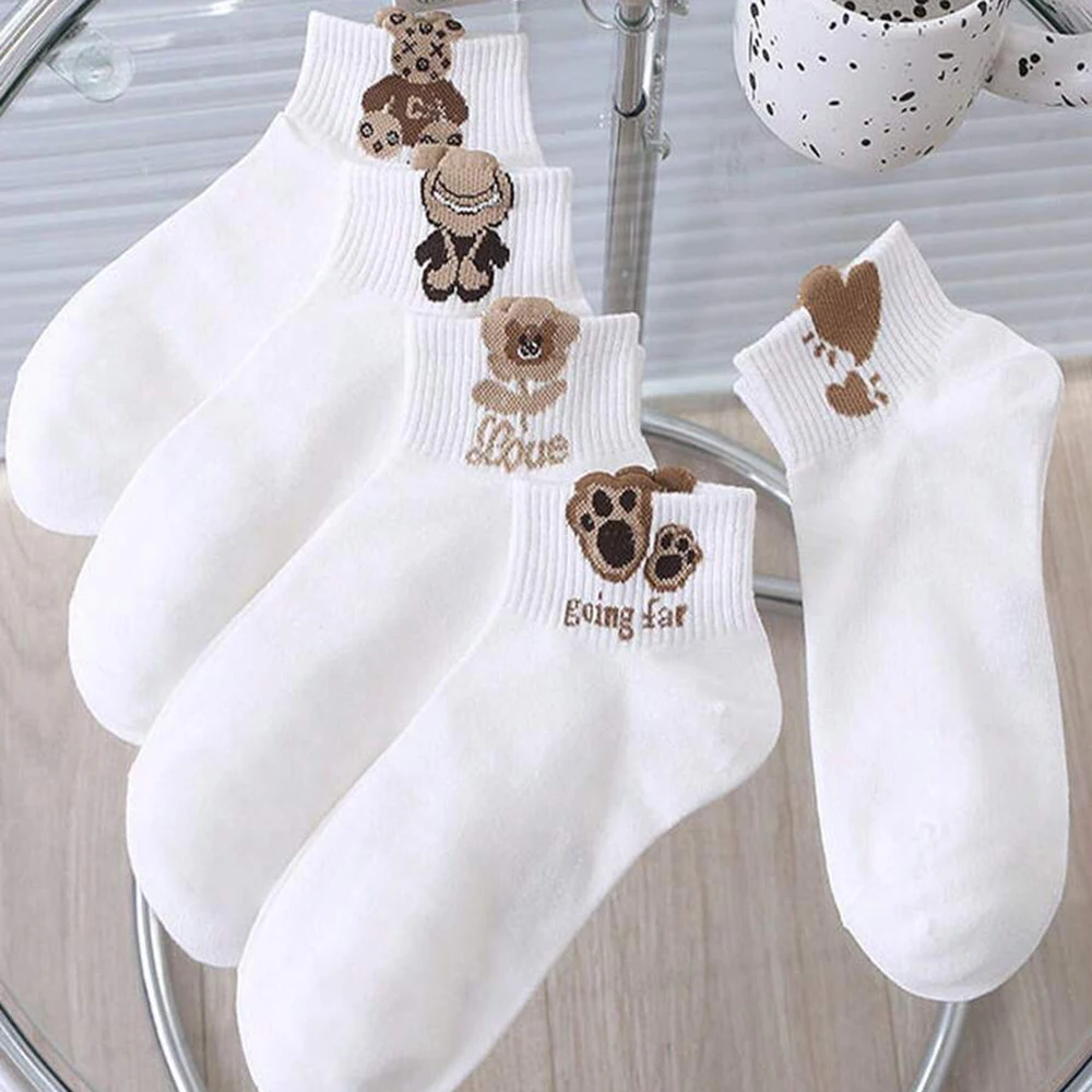5/10 Pairs Women's Cute Bear Socks Suitable All Seasons Solid Color Trendy Flower Pattern Casual Soft And Comfortable Socks image 5