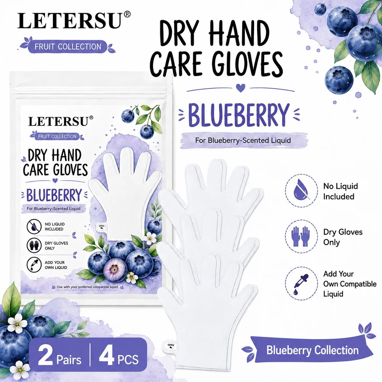 4PCS Blueberry Dry Hand Mask Gloves Moisturizing Hand Care Spa Gloves Empty Gloves for Dry Hands Add Your Own Liquid