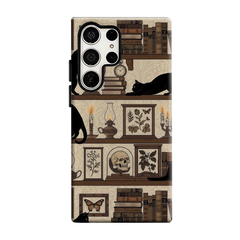 Black Cat Bookshelf Phone Case For Samsung Galaxy S25 S26 Ultra S24 S23 Plus Shockproof Double Layer Tough Back Cover