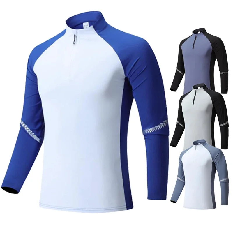 Esportes ao ar livre masculino escalada caminhadas manga longa gola zip-up de secagem rápida respirável suor-absorvente elasticidade camiseta
