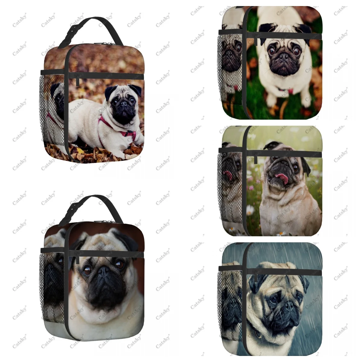 Pug animal Portable aluminum foil thickened insulated lunch bag meal bag printed waterproof insulated lunch tote bags