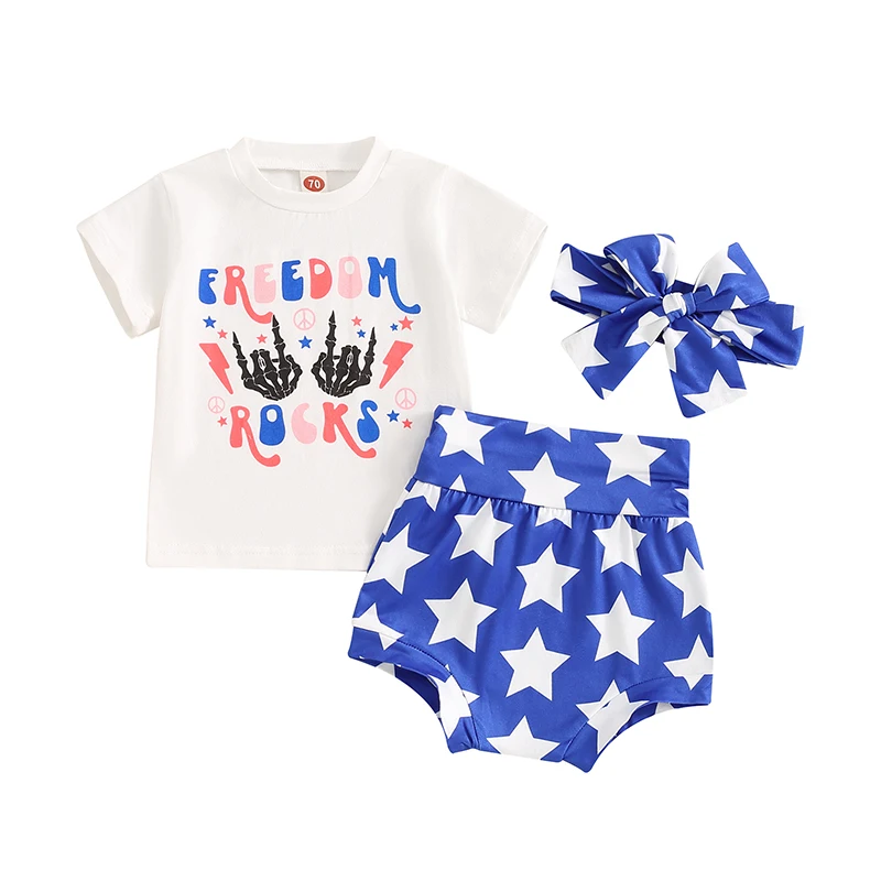 

Baby Girl 4th of July Outfits Short Sleeve Skeleton Hands Print Tops Shorts Headband Set Toddler Clothes