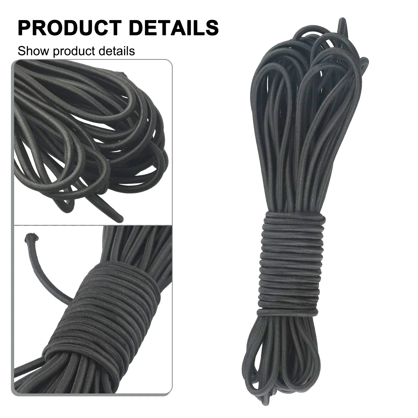 1pc 10m 4mm Black High Tension Cord Bungee Elastic Rope Cord Rubber Elastic Rope Outdoor Tent Kayak Boat Backage