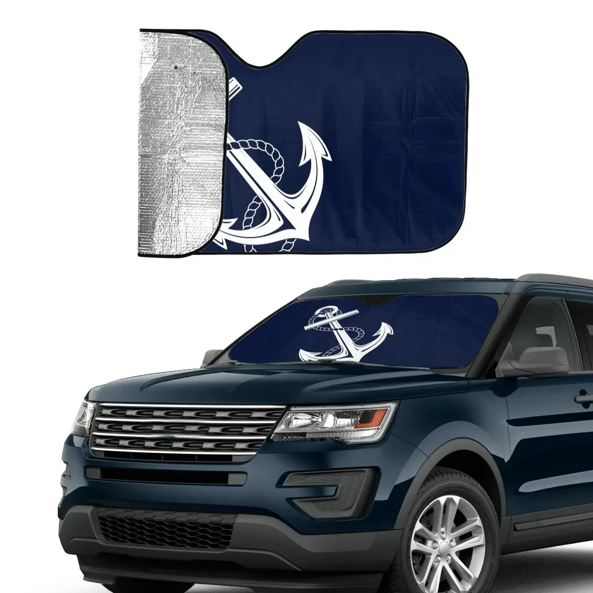 Blue Nautical Anchor Rudder Navy Windshield Sunshade Sailing Ships Ocean Car Front Window Visor Sun Visor Accessories Covers