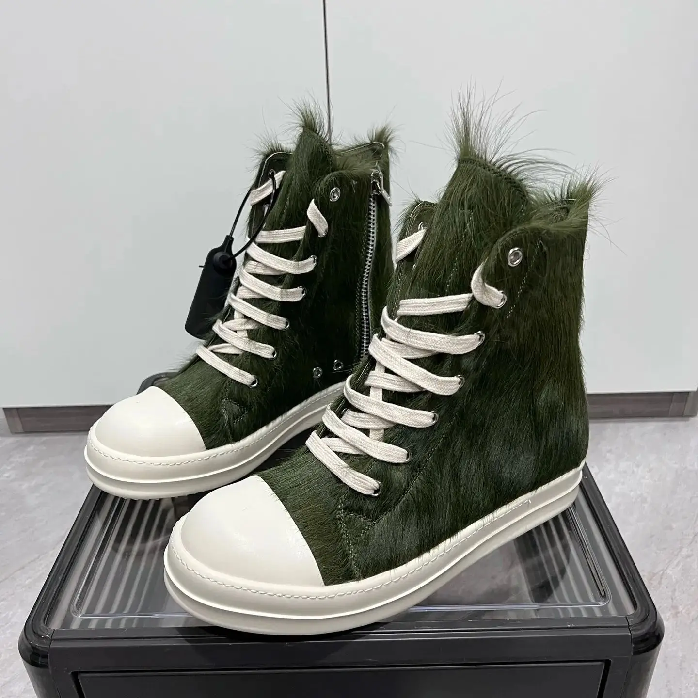 

Ricks Shoe Men Horse Hair Army Boot High Top Shoes Women Sneaker Owens Casual Men Shoe Zipper Army Green Horsehair Ankle Boots