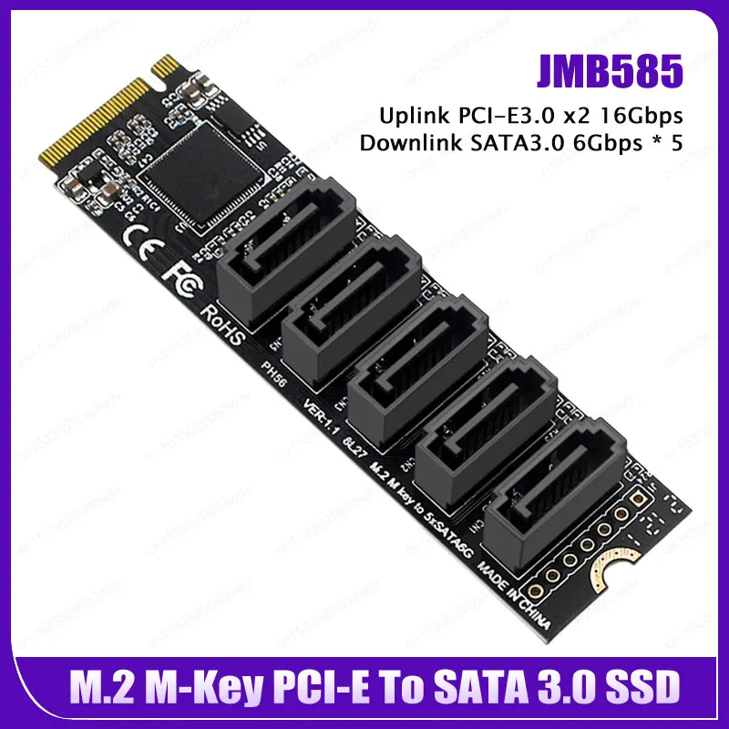 M.2 Key JMB585 For NVME Converter With SATAIII SATA 3.0 Cable M.2 PCIe 3.0 To 5 Ports SATA III 6G SSD Adapter Riser Card