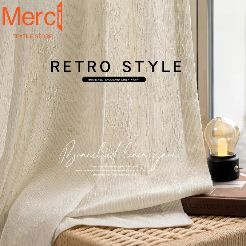 French Linen Jacquard Gauze Mid-century Style Luxury Curtain  for Bedroom Is Light-proof and Opaque Custom Size Elegant Drapes