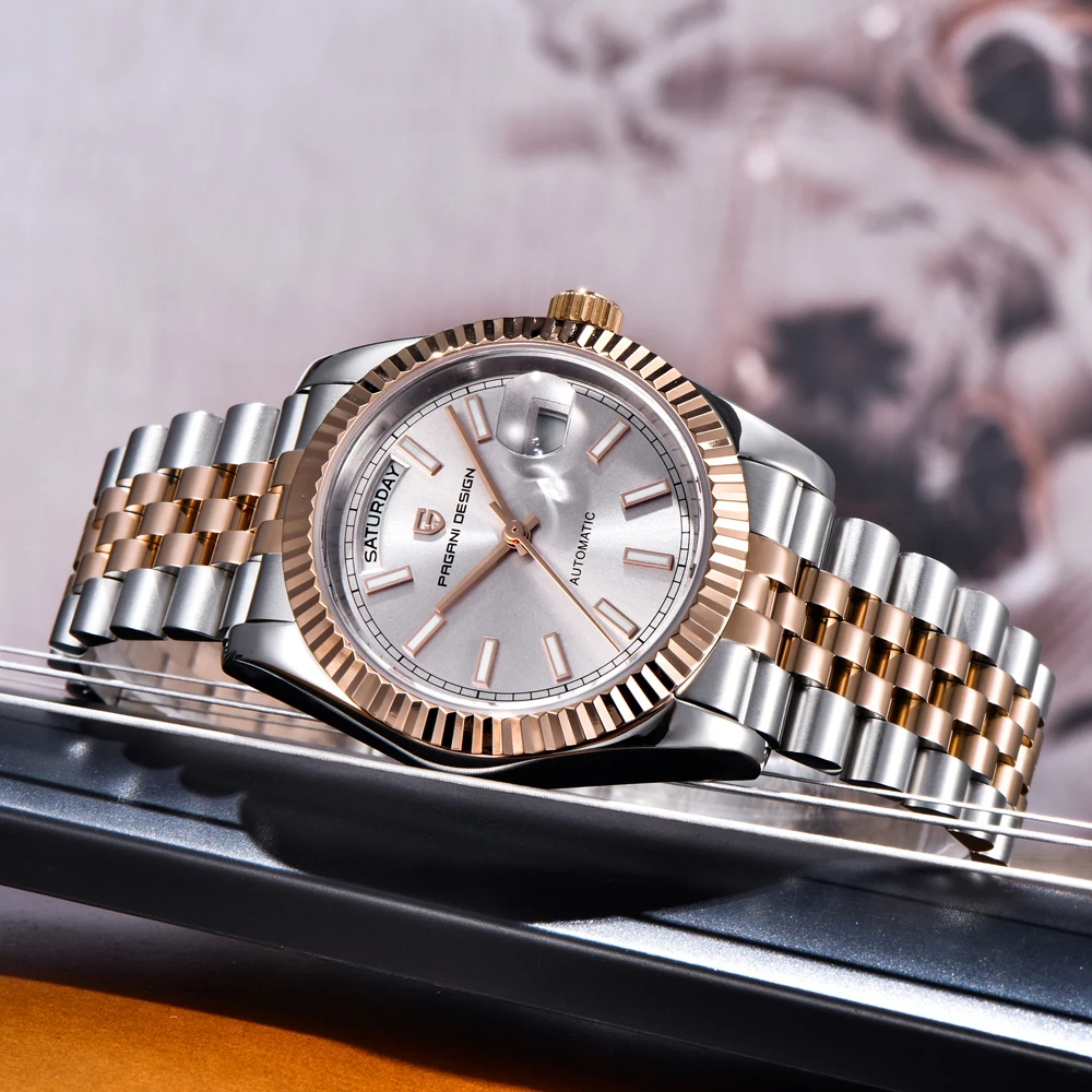 PAGANI DESIGN ساعات الذهب والفضة المينا ساعة ميكانيكية أوتوماتيكية للرجال 36 مللي متر الياقوت الكريستال مقاوم للماء الفولاذ المقاوم للصدأ