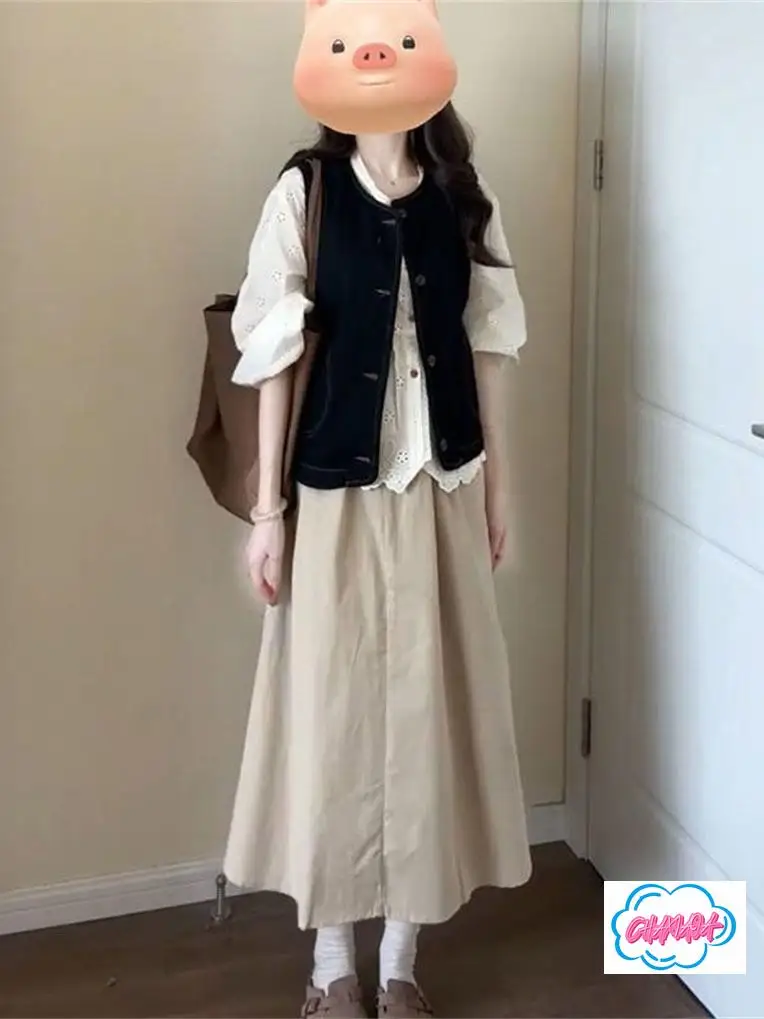 Japanese  Autumn Retro College Style Denim Vest Vest Embroidered Lace Edge Long-sleeved Shirt High Waist Elastic Skirt Student