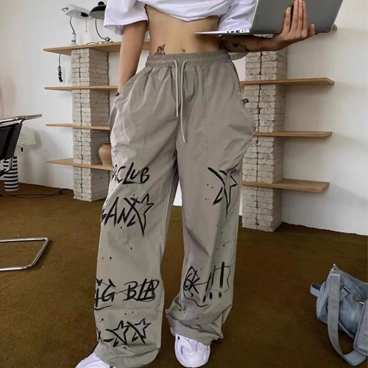 Street Hip Hop Graffiti Sports Pants Women's Spring and Summer New Fashionable Thin Loose Wide Leg Casual Pants Home Furnishings