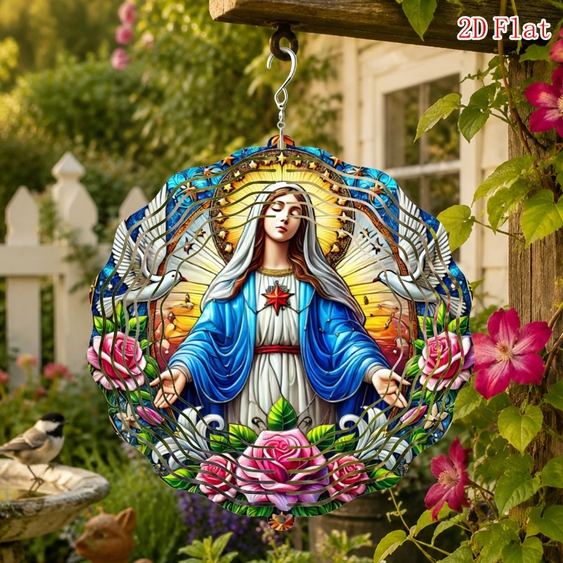 2D Flat 360 Rotating Hook Windmill, Virgin Mary Pattern Metal 3D Rotating Wind Chime with, Outdoor Garden and Patio Decoration