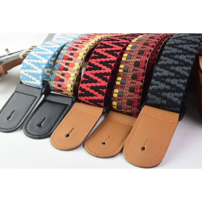 1 قطعة القيثارة تسخير حزام الغيتار الرئيسي قابل للتعديل المطرزة نسج حزام مع نهاية الجلد ل باس الغيتار الصوتية الكهربائية