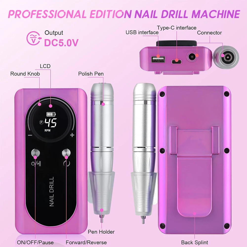 45000 RPM oplaadbare nagelboormachine met LCD geluidsarme professionele nagellakschuurmachine nagelaccessoireset