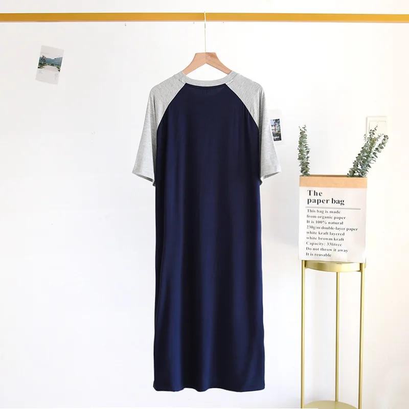 Mens Sleep Shirts Color Matching Bathrobe Summer Pajamas Loose Long Loungewear Male Summer Fall Cotton Short Sleeve Nightgown