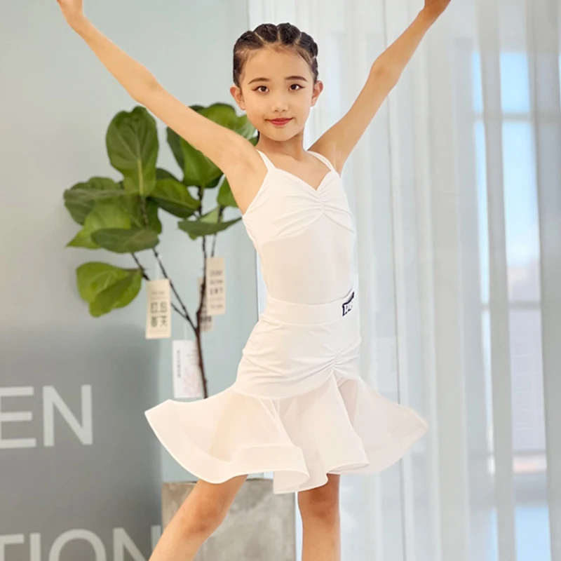 

Summer Latin Dance Dress White Sling Dance Top Ruffle Skirt Kids Cha Cha Rumba Performance Costume Girls Latin Dancewear VDL3738