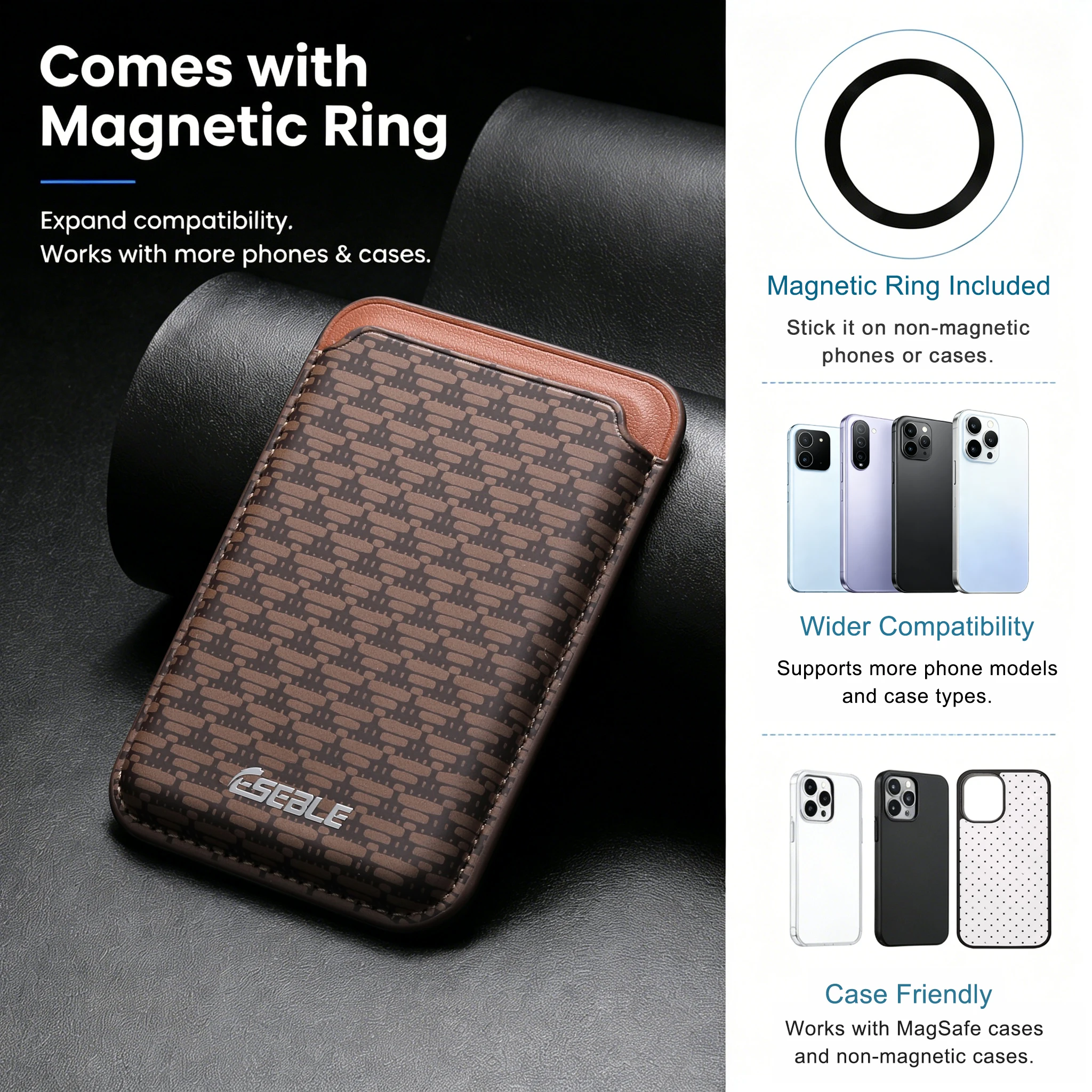Magnetic Card Holder For Phone With Adhesive Metal Plate, Slim Pu Leather Wallet For Men Women, Credit Card Case With Geometric