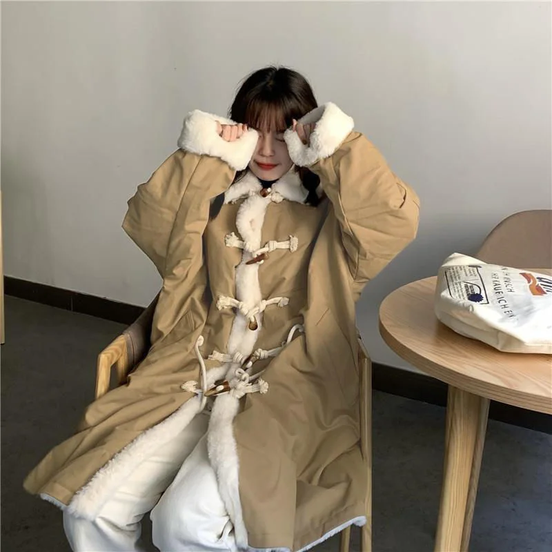 2023 Spring Autumn Versatile Cow Horn Button Mid Length Lmitation Lamb Plush Warm New Workwear Fur Edge Coat Cotton Coat Women