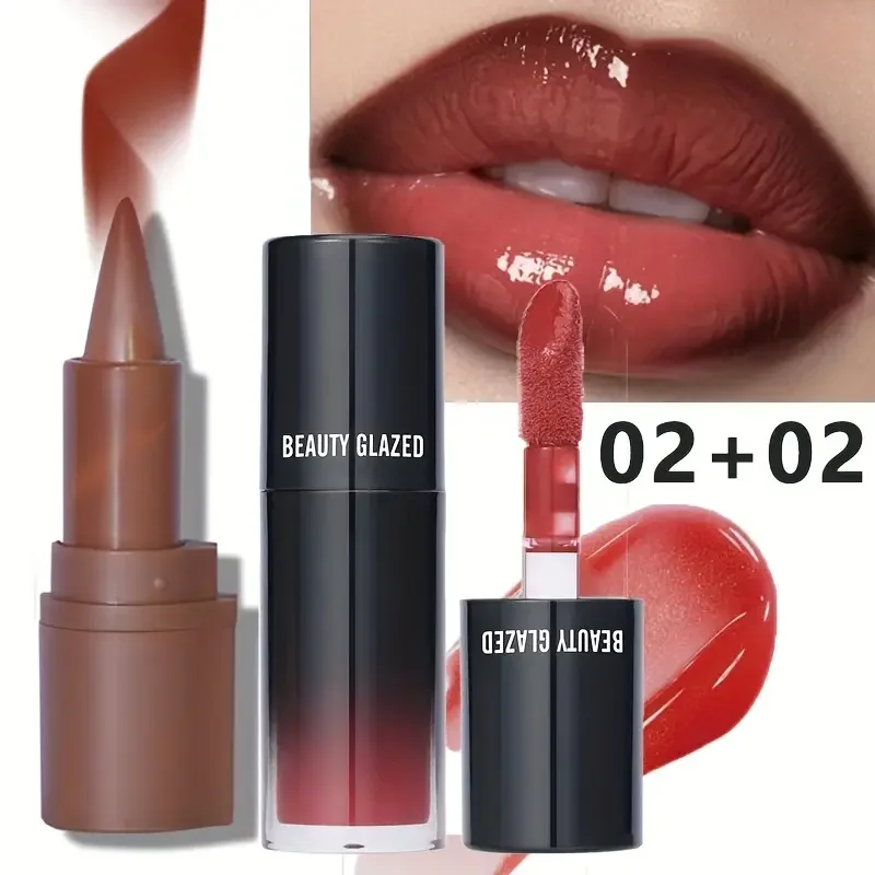 Combo de brillo de labios hidratante y delineador marrón para mujer, efecto hidratante y relleno, 2 colores, combinación de delineador de labios