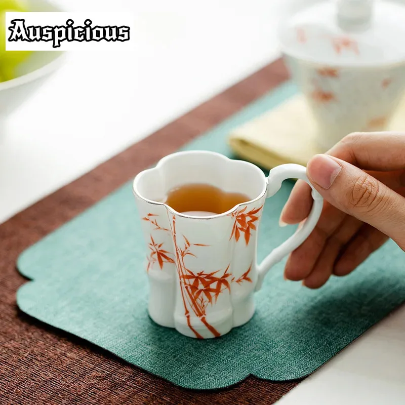 

95ml Hand Painted Red Bamboo Teacup Trace Silver Begonia Flower Master Cup Small Coffee Mug with Handle Drinkware Tea Items Gift